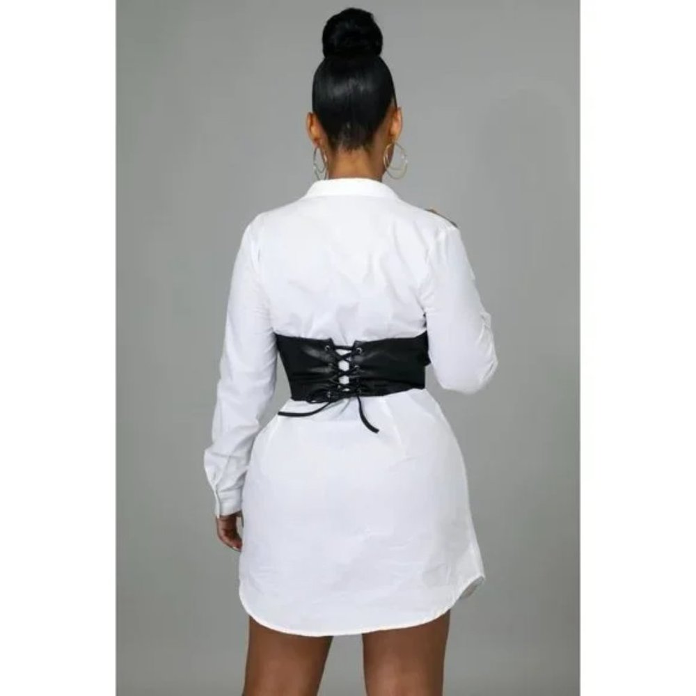 White Long Sleeve Mini Shirt Dress with Black Faux Leather Corset Belt - Picture 6 of 14